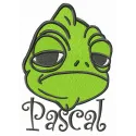 Displeased Pascal embroidery design featuring a whimsical character from Tangled, perfect for creative stitching projects.