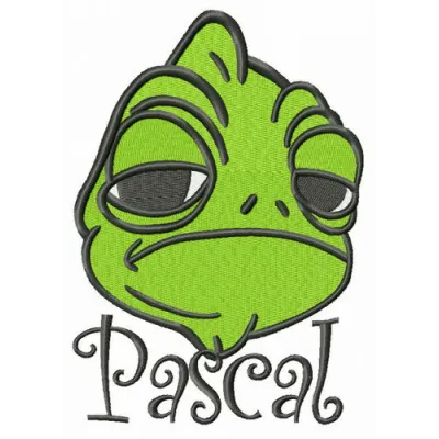 Displeased Pascal embroidery design featuring a whimsical character from Tangled, perfect for creative stitching projects.