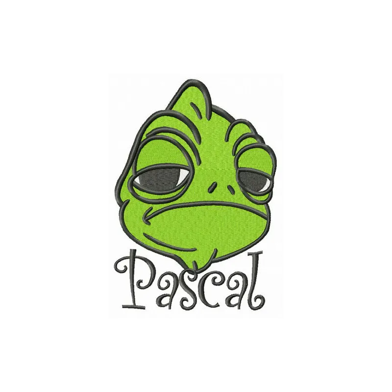 Displeased Pascal embroidery design featuring a whimsical character from Tangled, perfect for creative stitching projects.