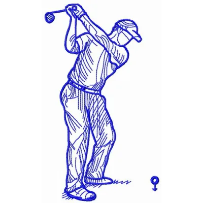 Embroidery design featuring a golfer in mid-swing, ideal for adding charm to golf-themed projects.