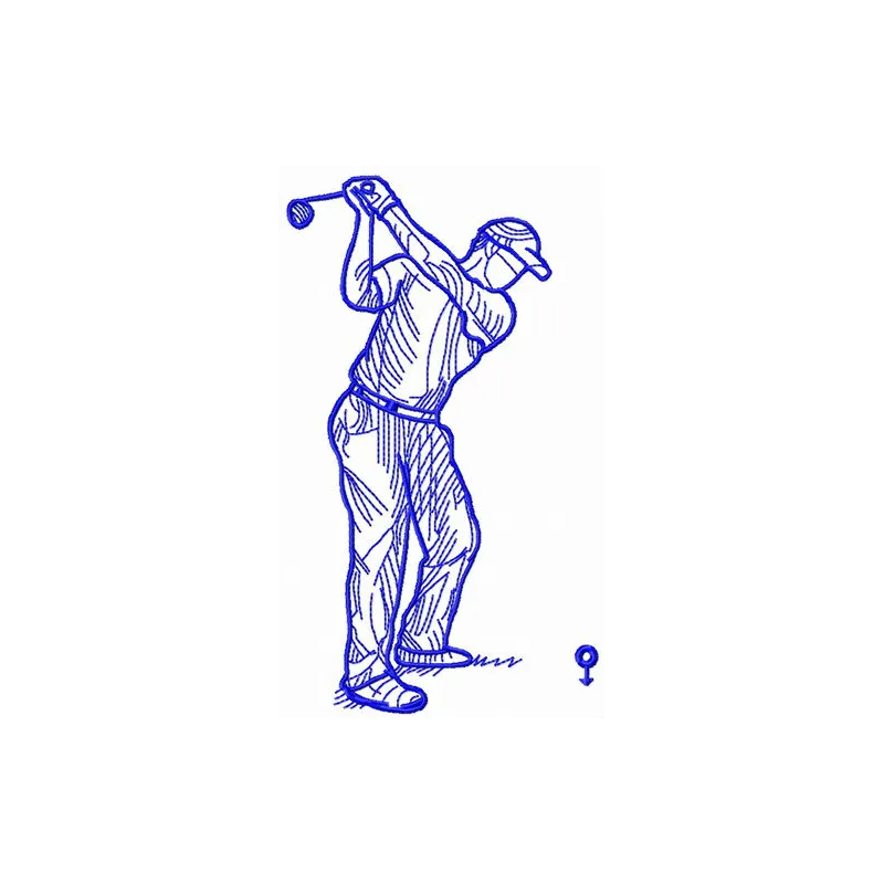 Embroidery design featuring a golfer in mid-swing, ideal for adding charm to golf-themed projects.
