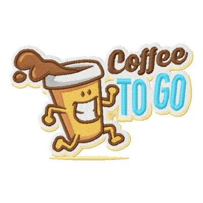 Coffee to go embroidery design featuring a stylish cup motif, perfect for stitching on tote bags or t-shirts.
