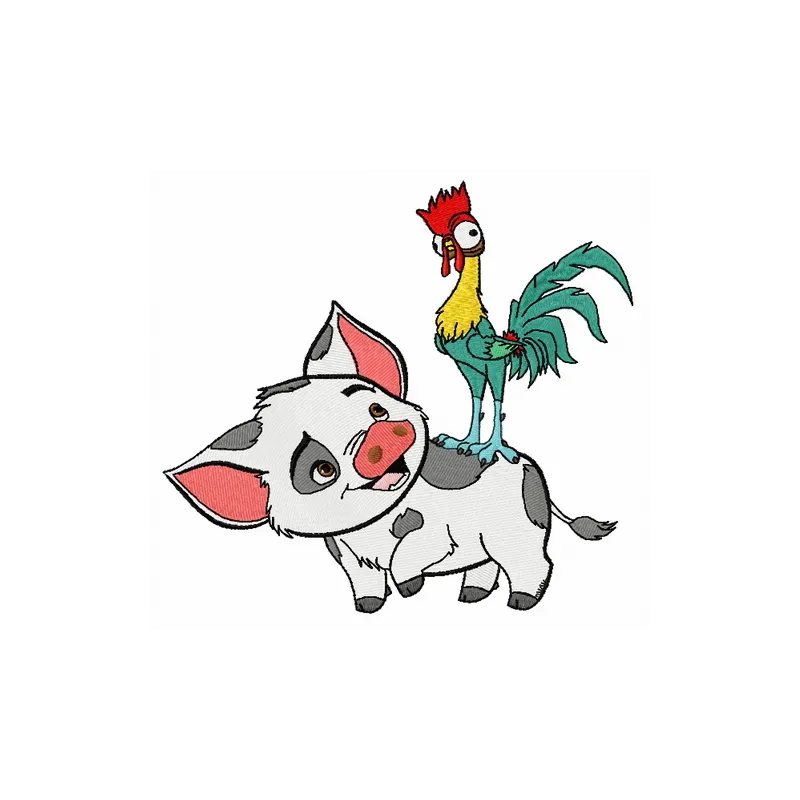 Pua and Heihei embroidery design featuring vibrant characters from Moana, perfect for various stitching projects.