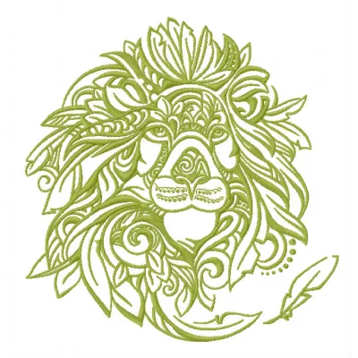 Feathered lion embroidery design showcasing intricate details, perfect for stitching on apparel and home decor.