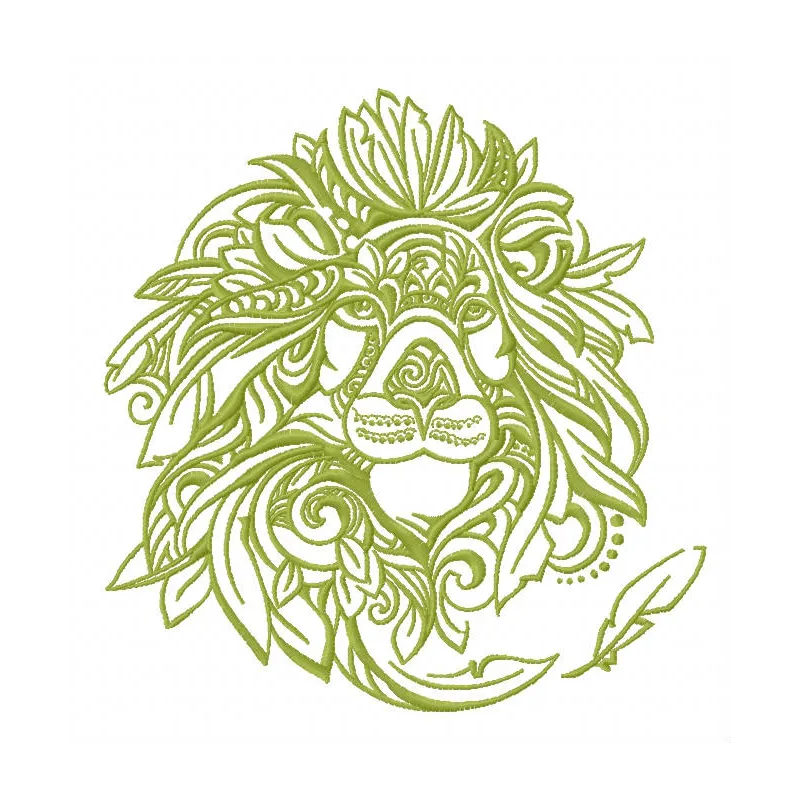 Feathered lion embroidery design showcasing intricate details, perfect for stitching on apparel and home decor.