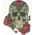 Intricate skull and rose embroidery design showcasing a blend of gothic and floral elements for creative stitching.