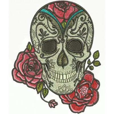 Intricate skull and rose embroidery design showcasing a blend of gothic and floral elements for creative stitching.