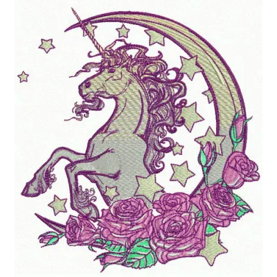 Moonlight unicorn embroidery design showcasing a whimsical unicorn silhouette surrounded by stars and a crescent moon.