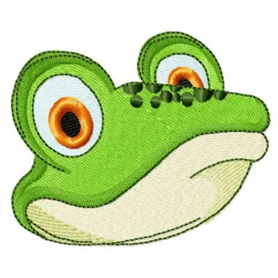 Green frog muzzle embroidery design featuring a cute frog face, ideal for stitching on apparel and accessories.