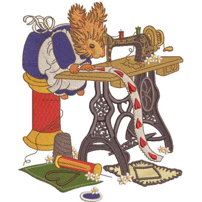 Squirrel sewing embroidery design featuring a cute woodland animal motif, ideal for embellishing various fabric items.