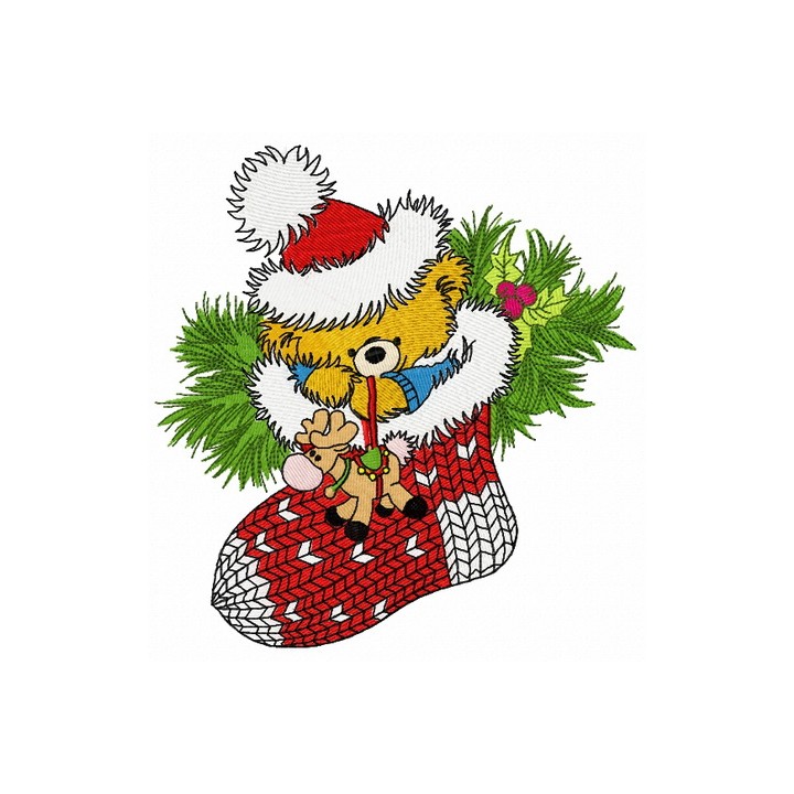 Christmas teddy with toy deer embroidery design - Embroidery Design