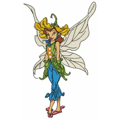Daisy fairy embroidery design featuring a whimsical fairy surrounded by delicate daisies, perfect for creative projects.