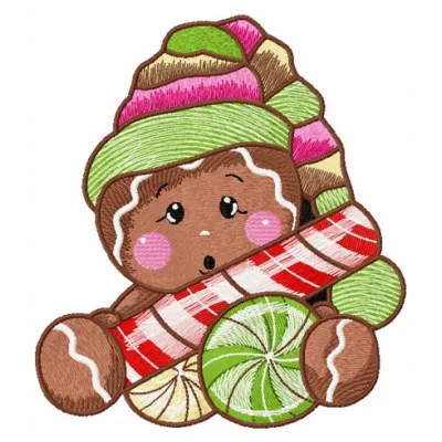 Surprised gingerbread man embroidery design featuring a cheerful expression, ideal for holiday projects.