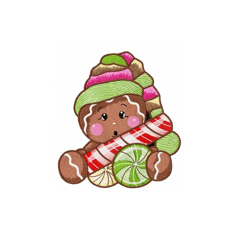 Surprised gingerbread man embroidery design featuring a cheerful expression, ideal for holiday projects.