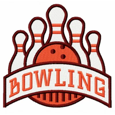 Bowling embroidery design featuring a bowling ball and pins, perfect for stitching on apparel and accessories.