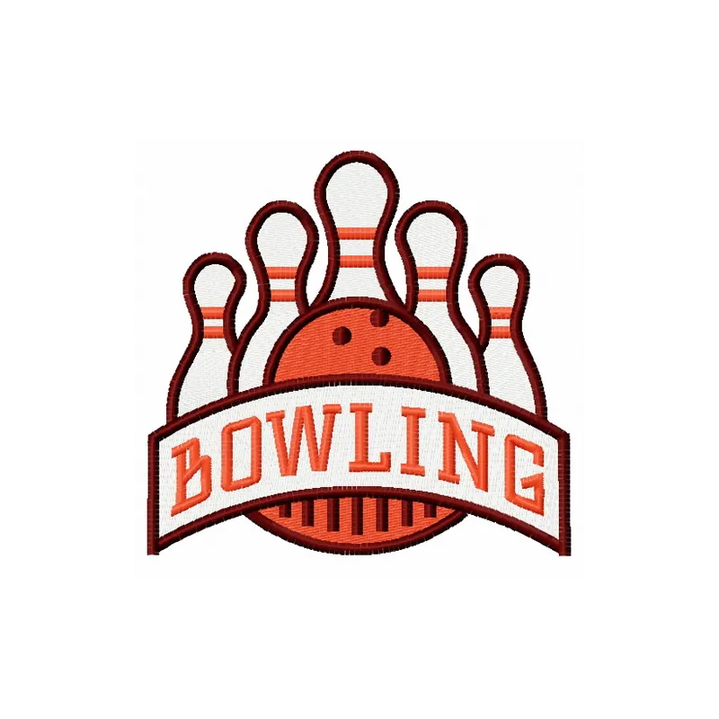 Bowling embroidery design featuring a bowling ball and pins, perfect for stitching on apparel and accessories.