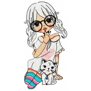 Girl and kitten embroidery design - Embroidery Design