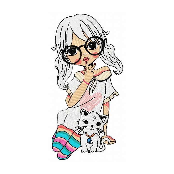 Girl and kitten embroidery design - Embroidery Design
