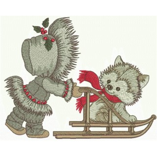 Sledging with puppy embroidery design - Embroidery Design