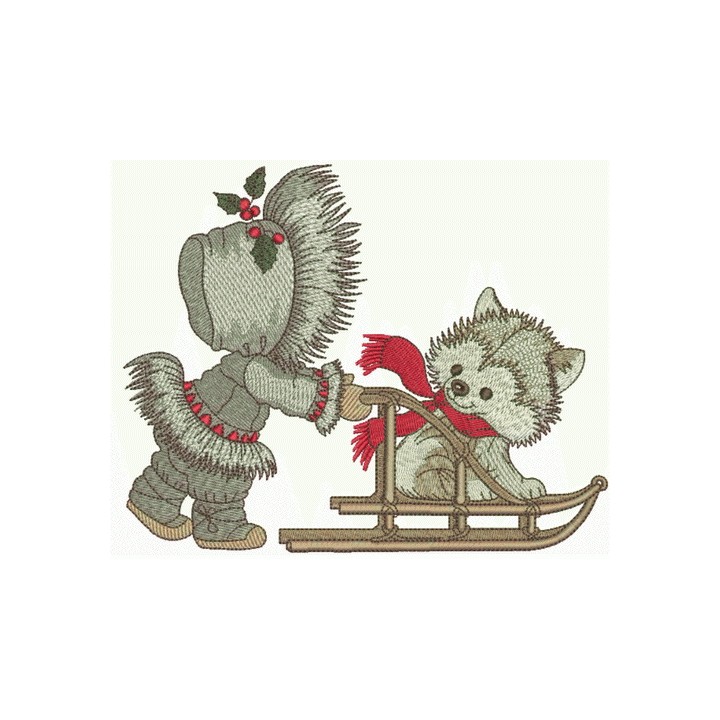 Sledging with puppy embroidery design - Embroidery Design