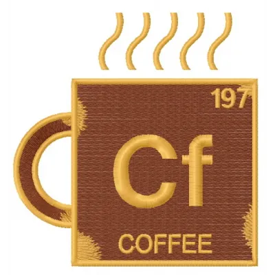 Coffee chemical element embroidery design showcasing a creative pattern for stitching on shirts or tote bags.