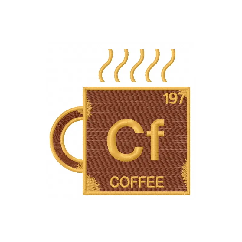 Coffee chemical element embroidery design showcasing a creative pattern for stitching on shirts or tote bags.