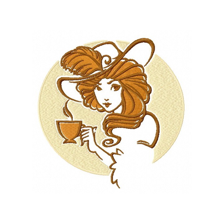 Retro girl with coffee cup embroidery design - Embroidery Design