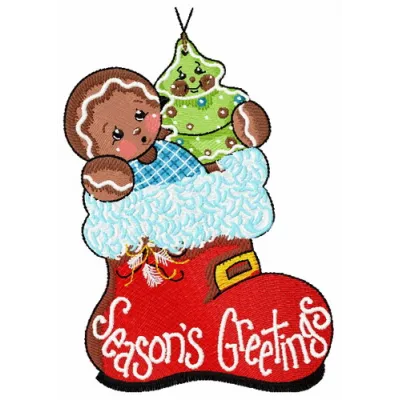 Gingerbread boy embroidery design preview, showcasing a playful stitched motif for festive projects.