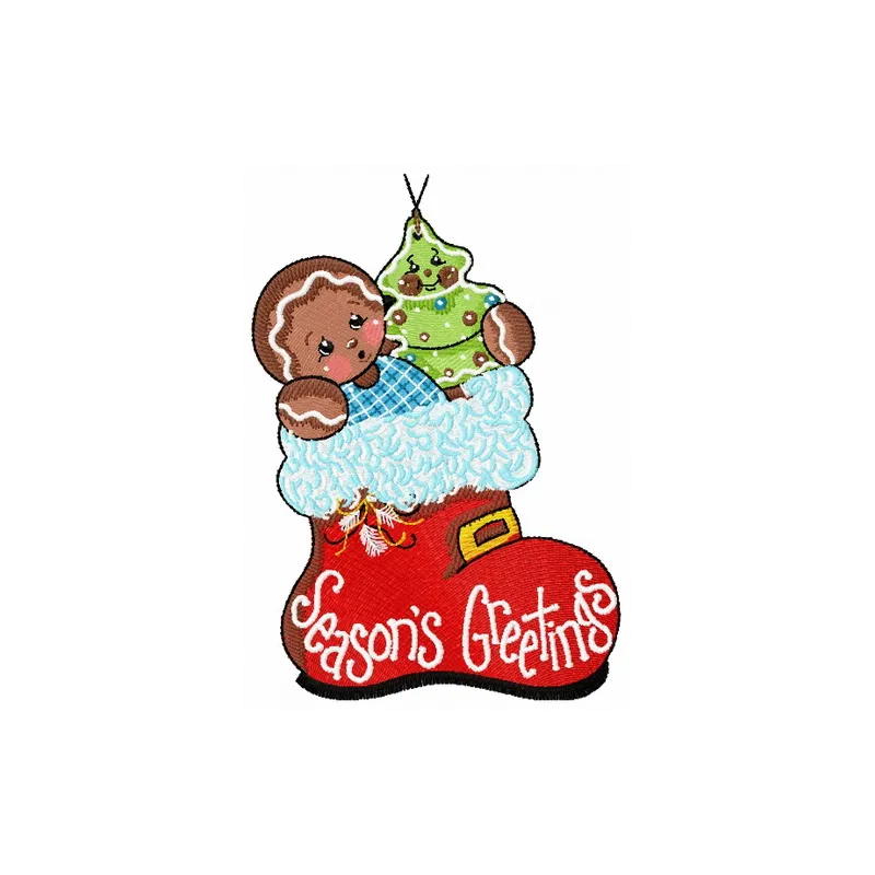 Gingerbread boy embroidery design preview, showcasing a playful stitched motif for festive projects.