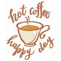 Preview of hot coffee for happy day embroidery design featuring a steaming cup, ideal for kitchen textiles.