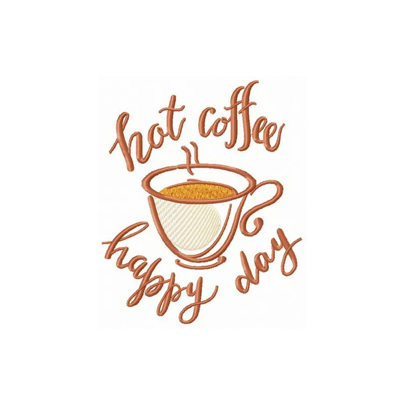 Preview of hot coffee for happy day embroidery design featuring a steaming cup, ideal for kitchen textiles.