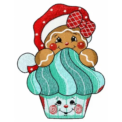 Gingerbread cupcake embroidery design featuring a festive cupcake with gingerbread details.