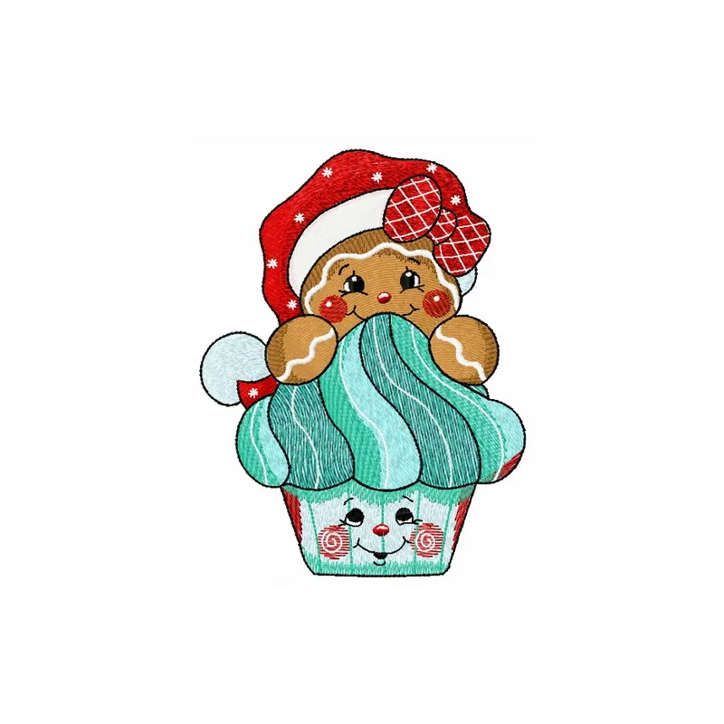 Gingerbread cupcake embroidery design featuring a festive cupcake with gingerbread details.
