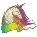 Rainbow unicorn embroidery design featuring vibrant colors, perfect for stitching on t-shirts or baby onesies.