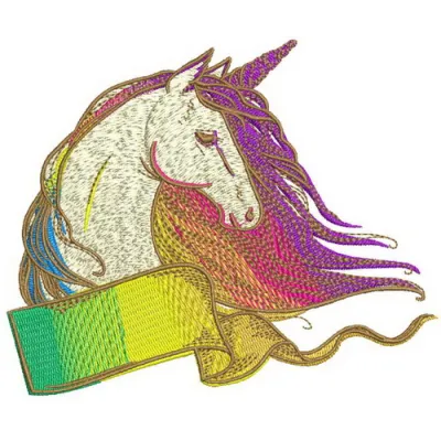 Rainbow unicorn embroidery design featuring vibrant colors, perfect for stitching on t-shirts or baby onesies.