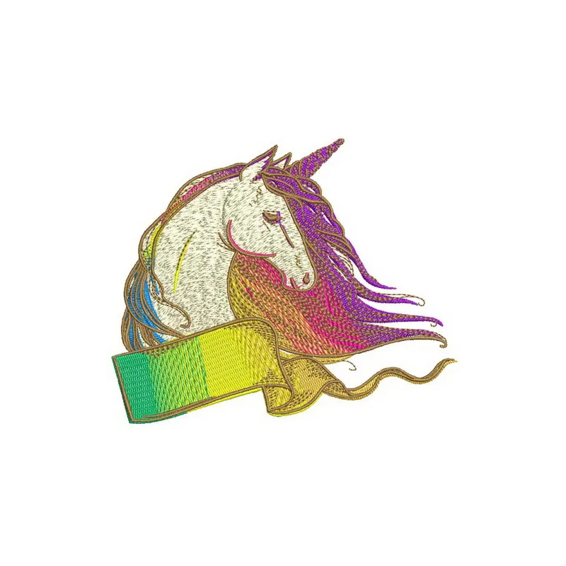 Rainbow unicorn embroidery design featuring vibrant colors, perfect for stitching on t-shirts or baby onesies.