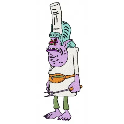 Chef embroidery design featuring a playful troll character, ideal for kitchen towels and aprons.