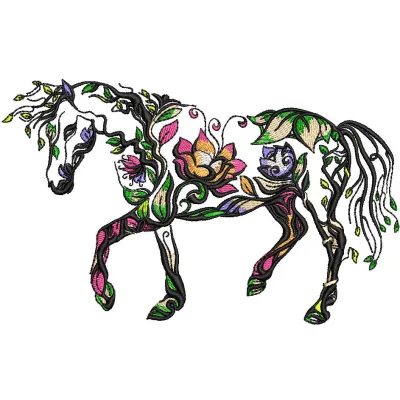 Floral horse embroidery design showcasing intricate stitched motifs on a vibrant background.
