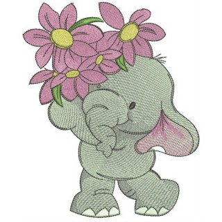 Elephant with small bouquet embroidery design - Embroidery Design