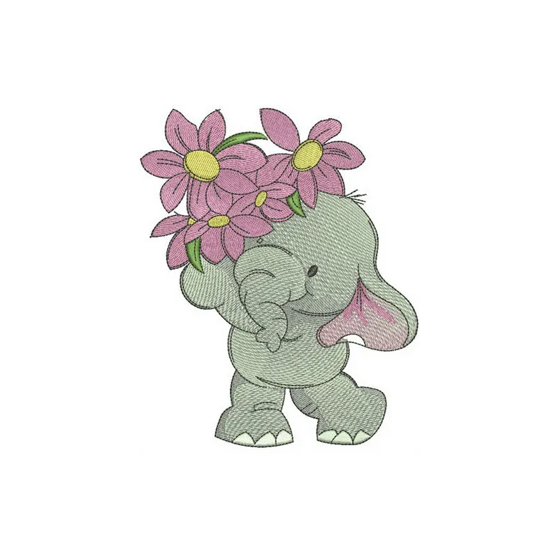 Embroidery design of an elephant holding a small bouquet, showcasing intricate stitching patterns.