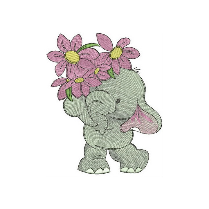 Elephant with small bouquet embroidery design - Embroidery Design