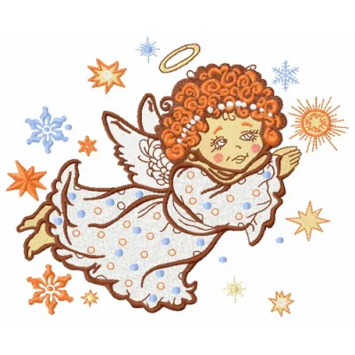 Preview of an angel flying embroidery design, showcasing intricate stitching patterns for creative projects.