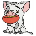 Embroidery design featuring Pua with a bowl, inspired by Moana, ideal for crafting and stitching on various fabrics.