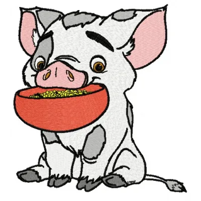 Embroidery design featuring Pua with a bowl, inspired by Moana, ideal for crafting and stitching on various fabrics.