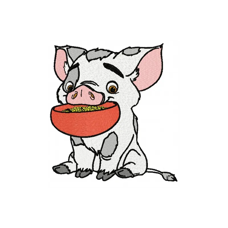 Embroidery design featuring Pua with a bowl, inspired by Moana, ideal for crafting and stitching on various fabrics.