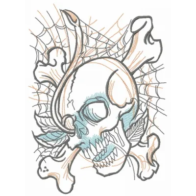 Skull and web embroidery design showcasing intricate stitching patterns for creative projects.