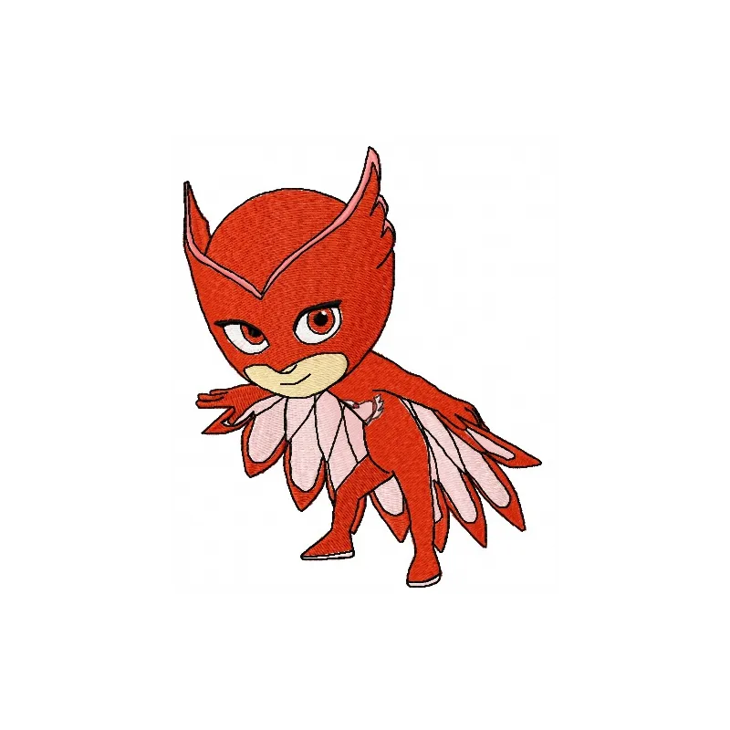 Owlette embroidery design from PJ Masks showcased in vibrant colors, ideal for stitching on t-shirts or hoodies.