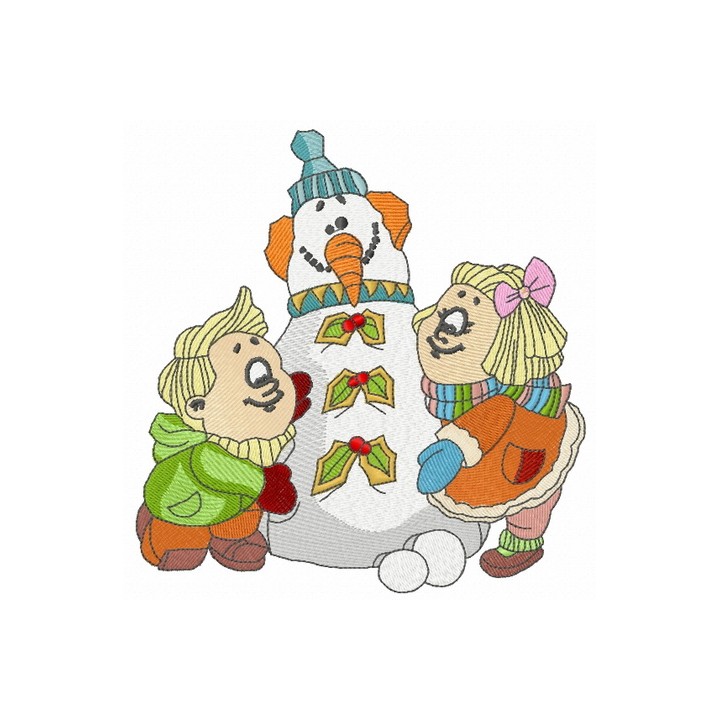 Children making snowman embroidery design - Embroidery Design