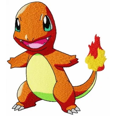 Charmander embroidery design showcasing a vibrant stitched motif of the popular Pokemon character.
