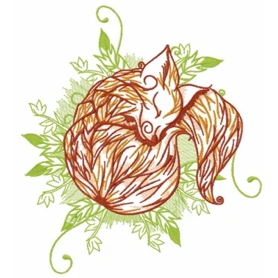 Sleeping fox embroidery design preview showcasing a charming fox motif, ideal for baby onesies and cozy pillows.